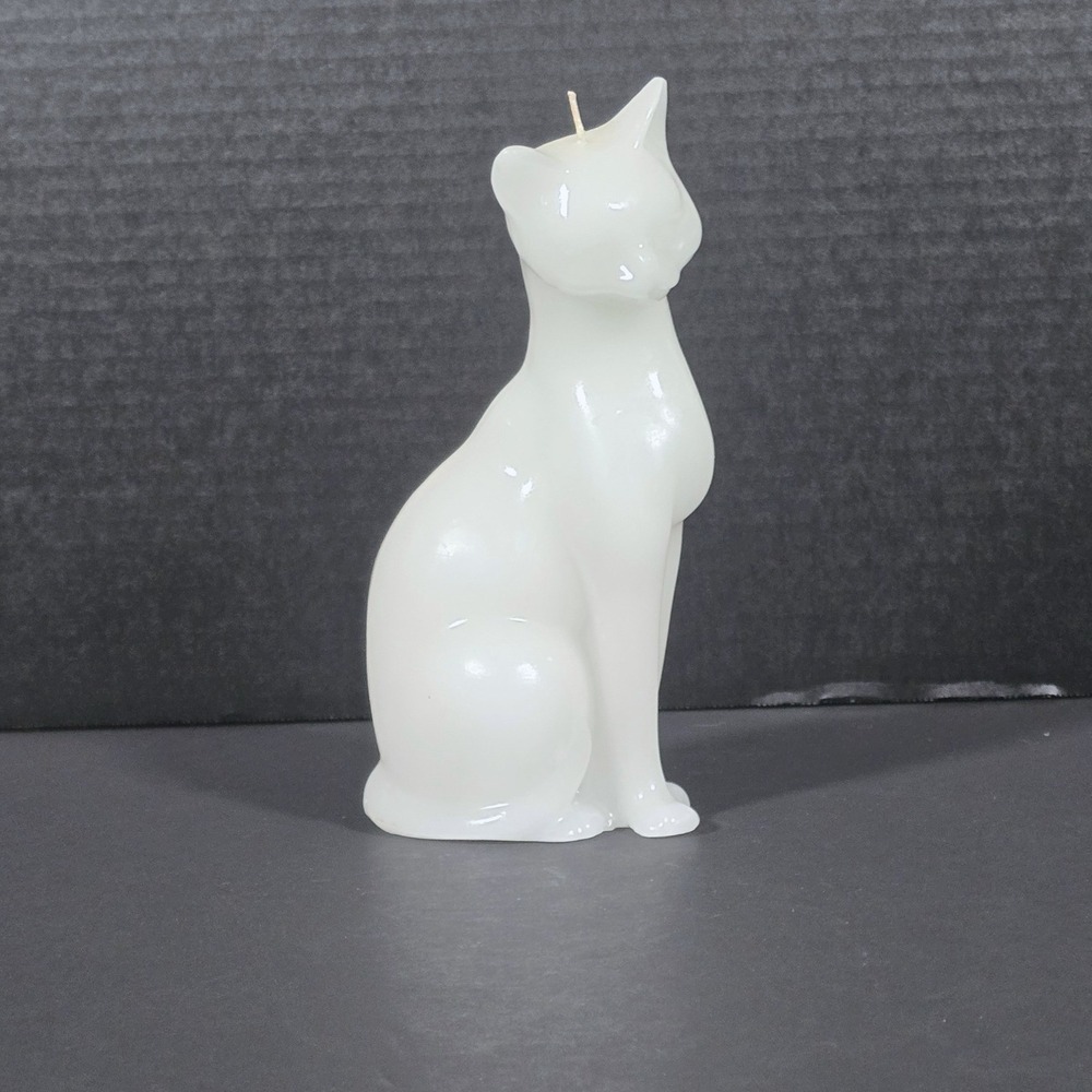 Sitting‎ Cat Figural Candle White Wax MCM Style Animal Decor 8.5 Inch